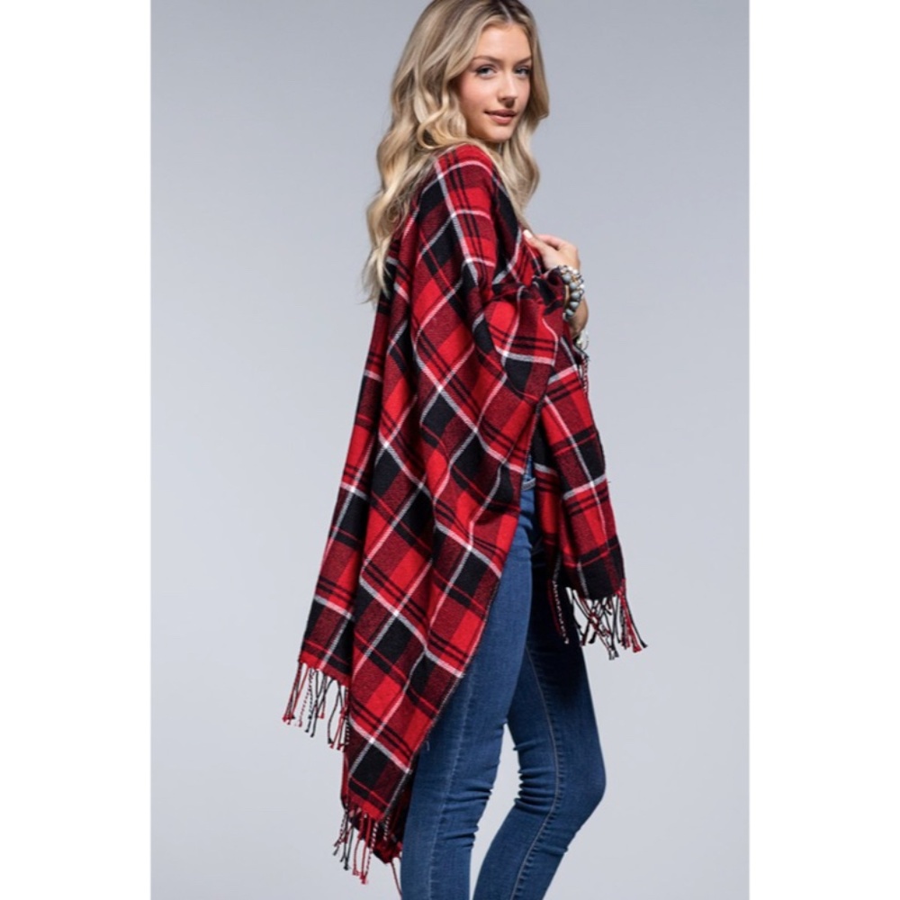SOLD OUT Red Black Plaid Blanket Ruana Knit Fall Winter Fringe Open Poncho Wrap - Picture 6 of 7